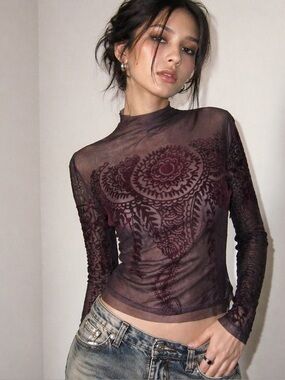 Y2K Brown Sheer Mesh Long Sleeve Top flocked